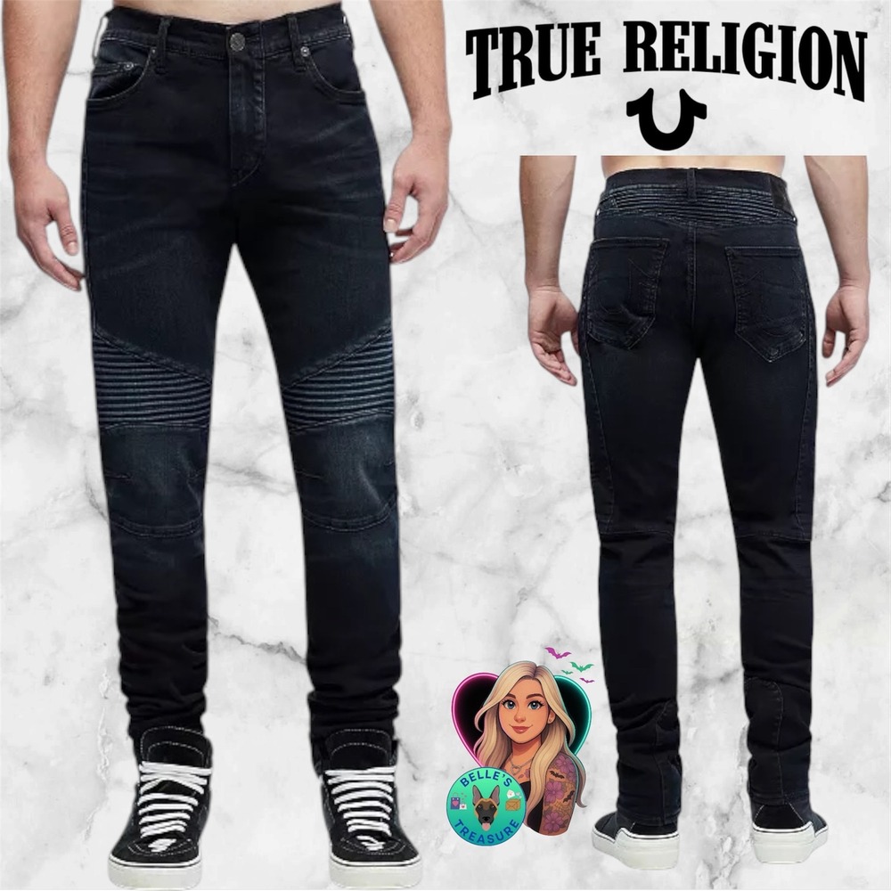 True Religion Mens 38 Rocco Classic Slim Moto Jeans Blue Black Ribbed 36x33